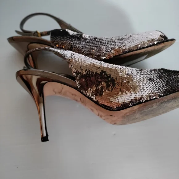 Gucci Sequin Open Toe Silver Hardware Pumps Sandals Size 9/5 US Women Authentic - Picture 5 of 8